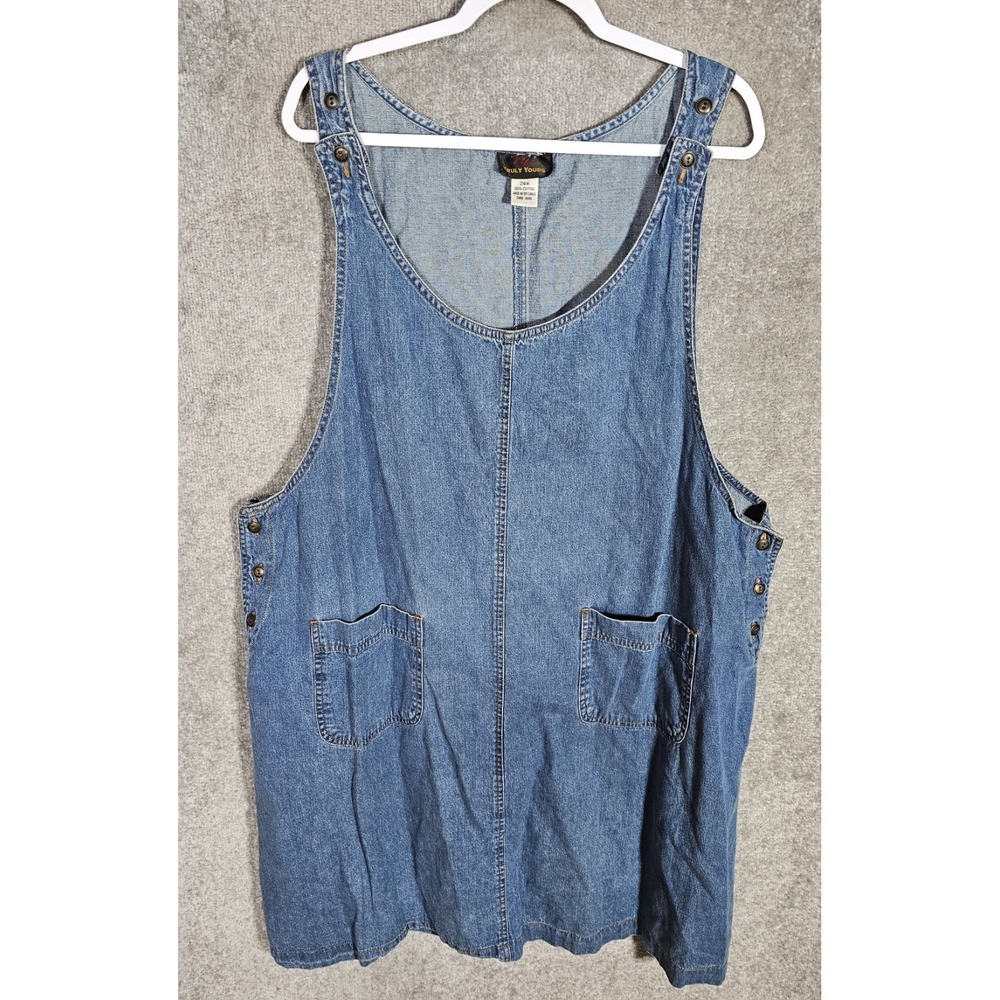 Vintage Truly Yours Denim Jumper Dress Womens Size 24W Blue Pockets Scoop Neck
